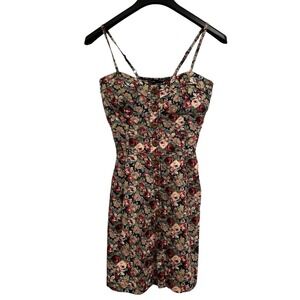 Poetry Y2K Mini Dress Womens L  Dark Floral Babydoll Smocked Fitted Mini Cottage